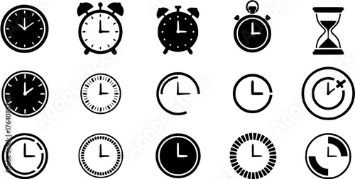 Black and white line icon set showing various timekeeping devices and clock faces.