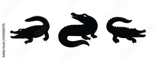 Three stylized black alligators in dynamic poses offering a unique wildlife graphic representation