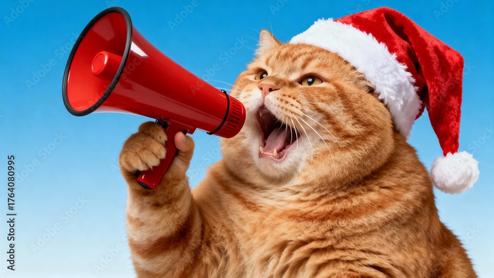 Fototapeta premium Funny chubby ginger cat in a Santa Claus hat shouting into a red megaphone, social media horizontal Christmas and New Year banner to attract attention