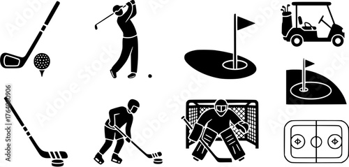 Set of sports icons featuring golf and ice hockey in solid black silhouette style.
