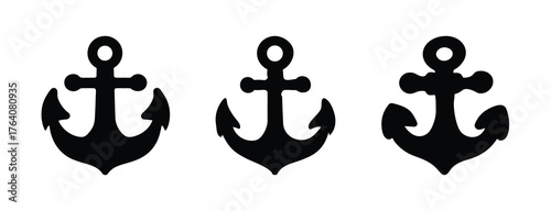 Three black nautical anchors silhouette simple marine symbol set nautical anchor icons collection