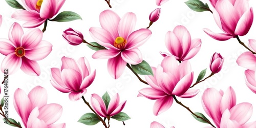 Elegant magnolia blossom repeat pattern on white background, spring, delicate