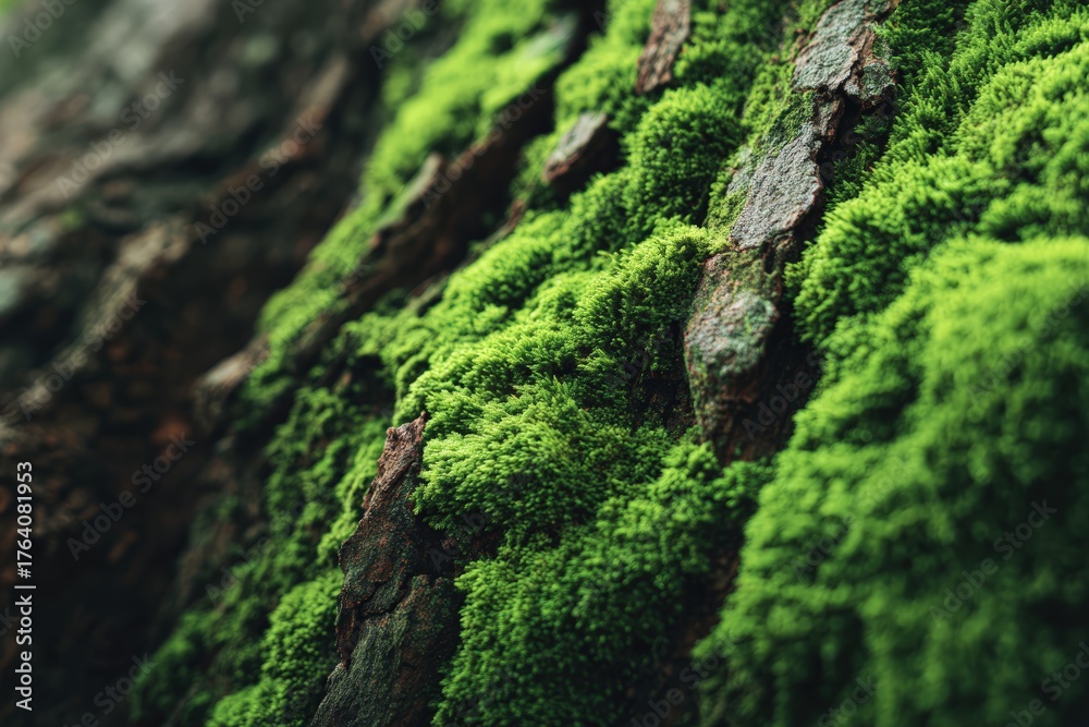 Fototapeta premium Green moss covering textured ancient tree bark forming natural micro landscape patterns. Environmental conservation biodiversity protection and sustainability awareness campaign and ecological concept