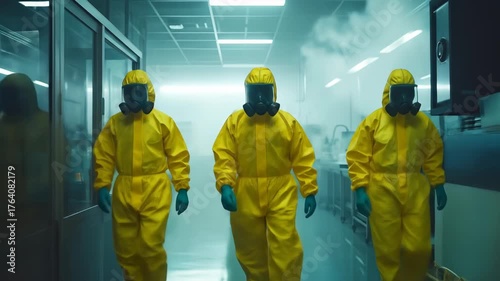Three Scientists in Yellow Hazmat Suits Walking in a Smoky Laboratory.