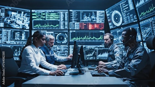 Global operations control center team monitors multiple screens displaying real time data and information technology infrastructure