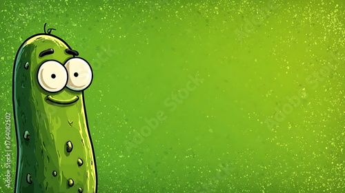 Funny cartoon dill pickle with big eyes smiling happily against a textured green background with s