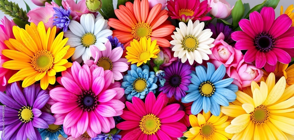 Fototapeta premium Vibrant bouquet of birth month flowers arranged as a directional arrow, may, august
