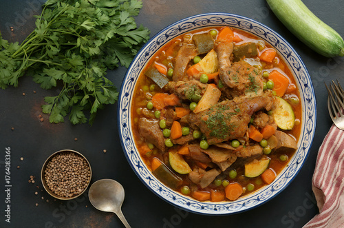 Algerian cuisine. Tagine jelbana. A meat and vegetable stew (potatoes, artichokes, carrots, peas, and others).

Top view