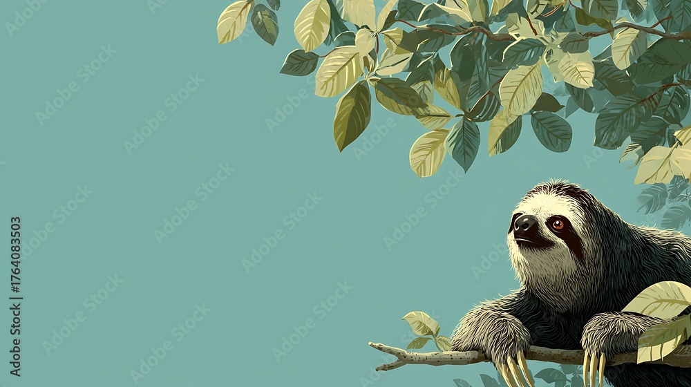 Naklejka premium Charming cartoon sloth resting on a tree branch amidst lush green foliage against a soft blue back