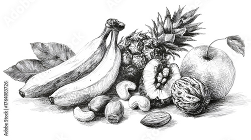 Wallpaper Mural Handdrawn sketch of various fruits and nuts on a white background, including banana, walnut, cashew, almond, pineapple, and leaves, isolated on white background Stock Illustration Torontodigital.ca
