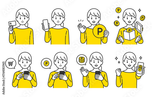 クレジットカードやスマホで買い物をする･ポイントを貯める若い女性のセット【人物ベクターイラスト素材】