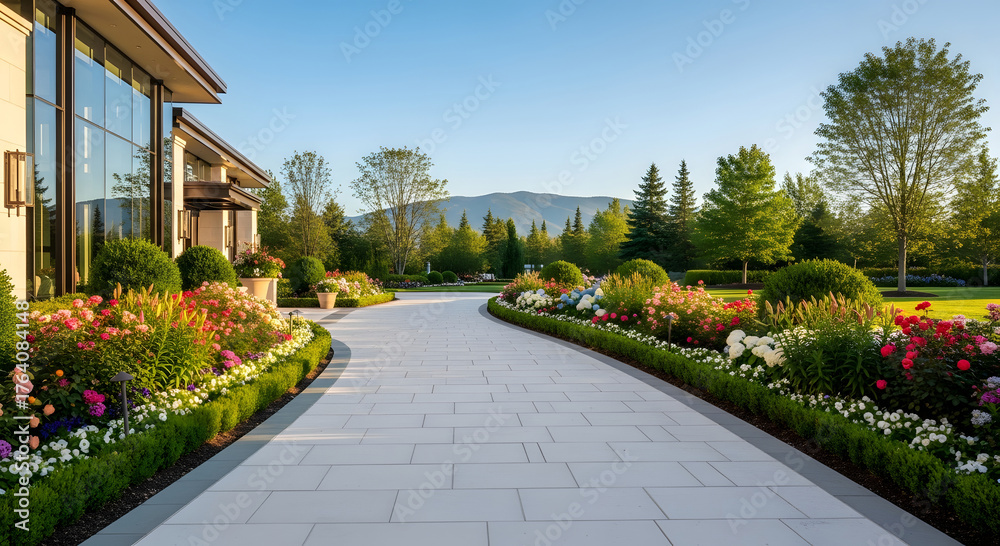 Obraz premium Elegant stone pathway leading through a vibrant flower garden towards a modern building and distant mountains