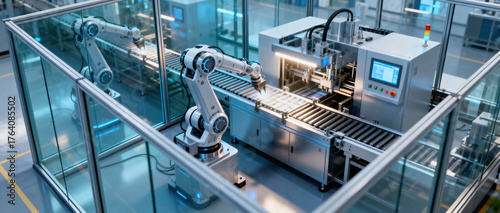 Modern industrial production line with automated robotic arms for efficient manufacturing process.