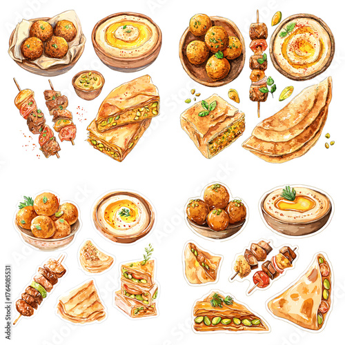 Watercolor illustration set of Middle Eastern snacks such as falafel, pita, hummus, kebab, and baklava. Ideal for restaurant menus and Mediterranean food design.