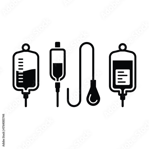 Medical infusion bags and drip line icon set