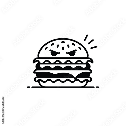 Angry burger icon with fierce eyes and lines