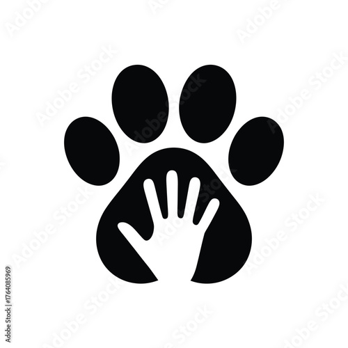 Human hand and dog paw silhouette symbolizing animal care and love