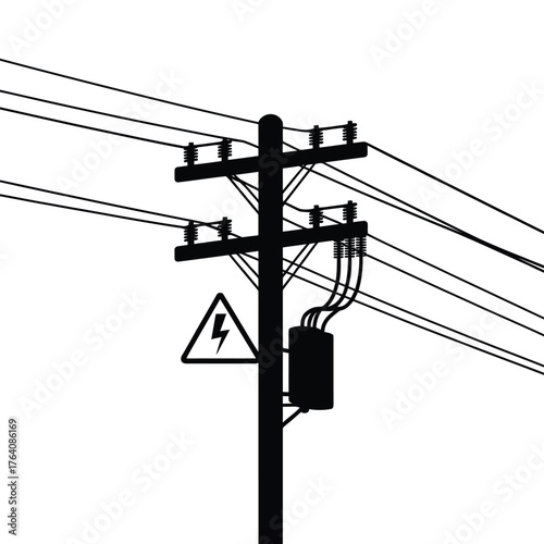 Silhouette of a power pole with electrical wires and transformer