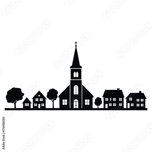 Silhouette of a charming small town with a prominent church steeple