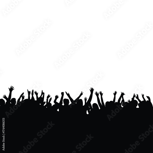 Silhouette of a cheering crowd with hands raised against a white background