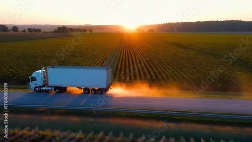  Truck Driving on Rural Road at Sunset
