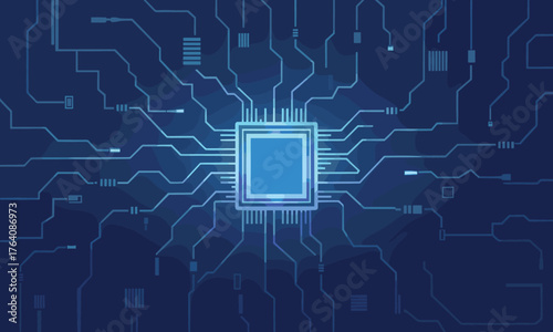 Abstract digital microchip technology background with glowing circuit board, futuristic processor design, high tech innovation, artificial intelligence, data connection, blue light