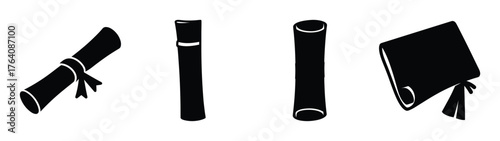 Collection of graduation symbols featuring a rolled diploma and academic cap with tassels