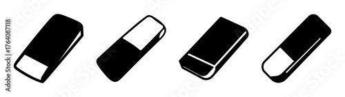 Four black erasers with white ends in different angles for drawing and writing correction tools