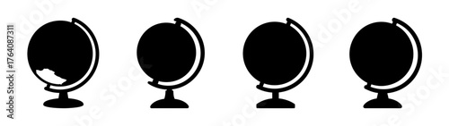 Four silhouette globe icons showing different earth rotations and continents for educational and global themed projects