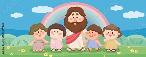 Cute Jesus and Children hand drawn Illustration with Rainbow and Flowers in Cartoon Style Vector Web Banner