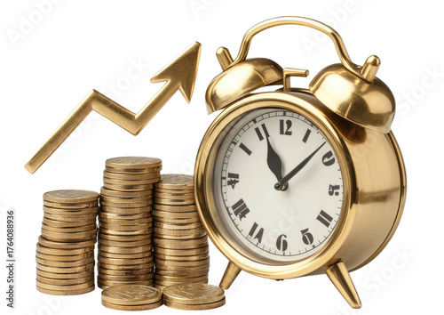 Gold coins rise, alarm clock ticks; time is money concept