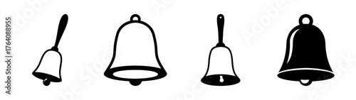 Set of four distinct bell icons showing various styles and designs for alerts and notifications