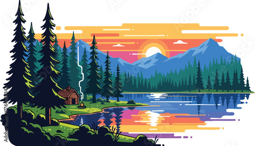 A vibrant illustration showcases a serene lakeside scene with towering pine trees, a cozy cabin, and majestic mountains under a colorful sunset sky, evoking a sense of tranquility.