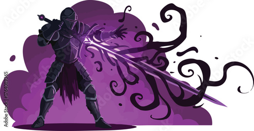 A formidable knight in dark armor brandishes a glowing purple sword amidst swirling shadowy tendrils, embodying power and fantasy in a dynamic illustration.