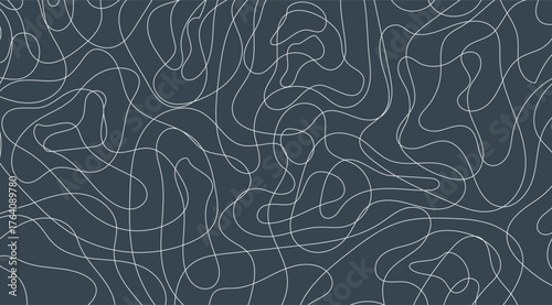 A seamless abstract pattern features flowing white lines and rounded shapes against a gray-blue background, creating a modern and organic design ideal for backgrounds or textiles