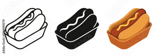 Vector Hotdog, 3 versions, outline, silhouette and colored