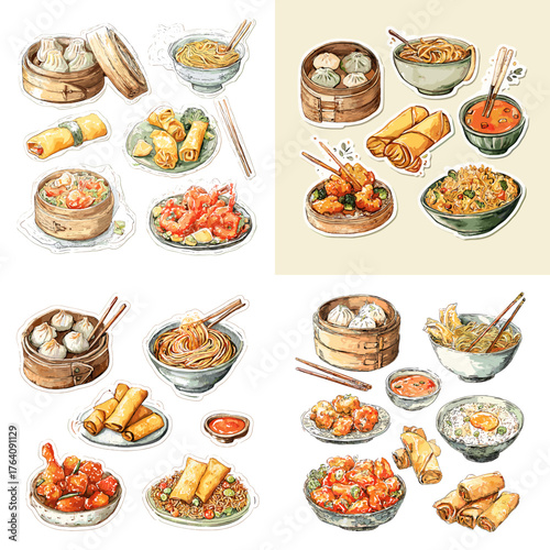 Watercolor illustration collection of Asian dim sum dishes, including dumplings, spring rolls, noodles, and fried snacks. Perfect for restaurant menus, food blogs, and packaging design.