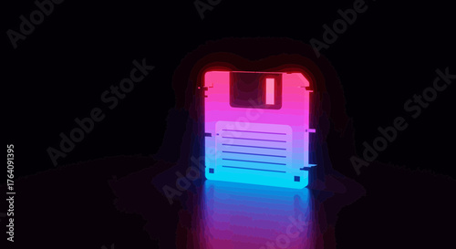 Floppy disk with a retro neon glow and vibrant reflections on a dark surface