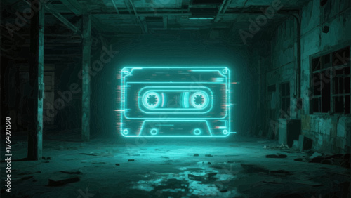 Glowing neon cassette tape hovers in a derelict warehouse, casting an eerie cyan light