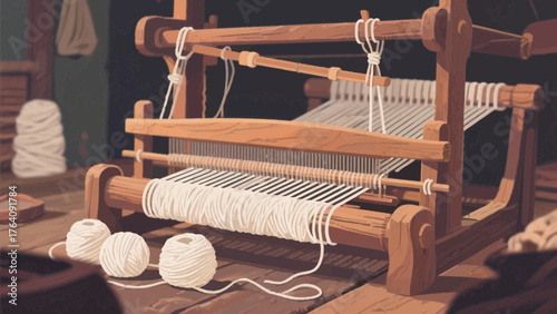 Illustration of a vintage wooden loom with yarn balls in a cozy workshop setting