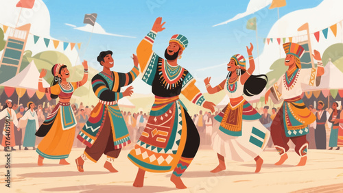 Joyful celebration of culture colorful ethnic festival with dancing performers