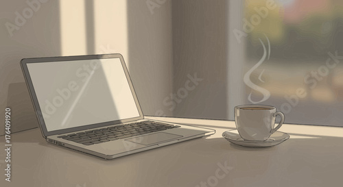 Laptop and steaming coffee cup on desk creating a cozy workspace illustration