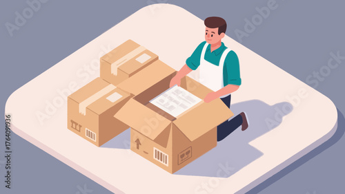 Man packing documents into cardboard box for relocation, isometric view