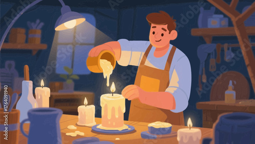 Man creating candles in workshop with warm light and craft equipment around him