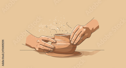 Pottery wheel with hands shaping clay in vector illustration art style design