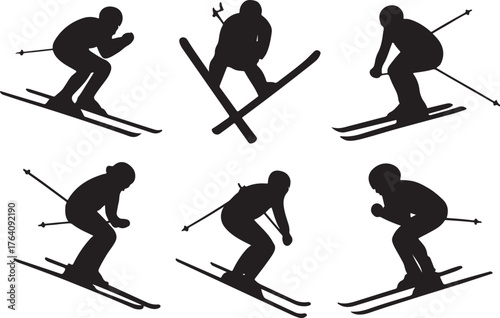 PrintSilhouettes of skiers in various dynamic poses on a white background