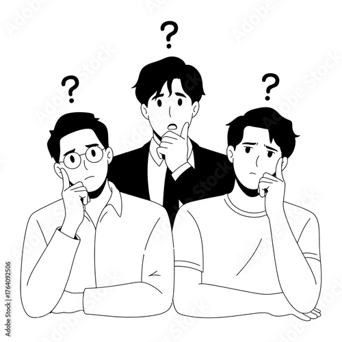 Three men pondering questions with uncertain expressions thoughtful decision making process vector