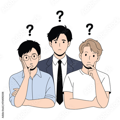Three men pondering questions with doubt and uncertainty hand drawn style vector