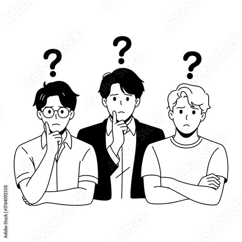 Three men pondering decisions with question marks above their heads vector