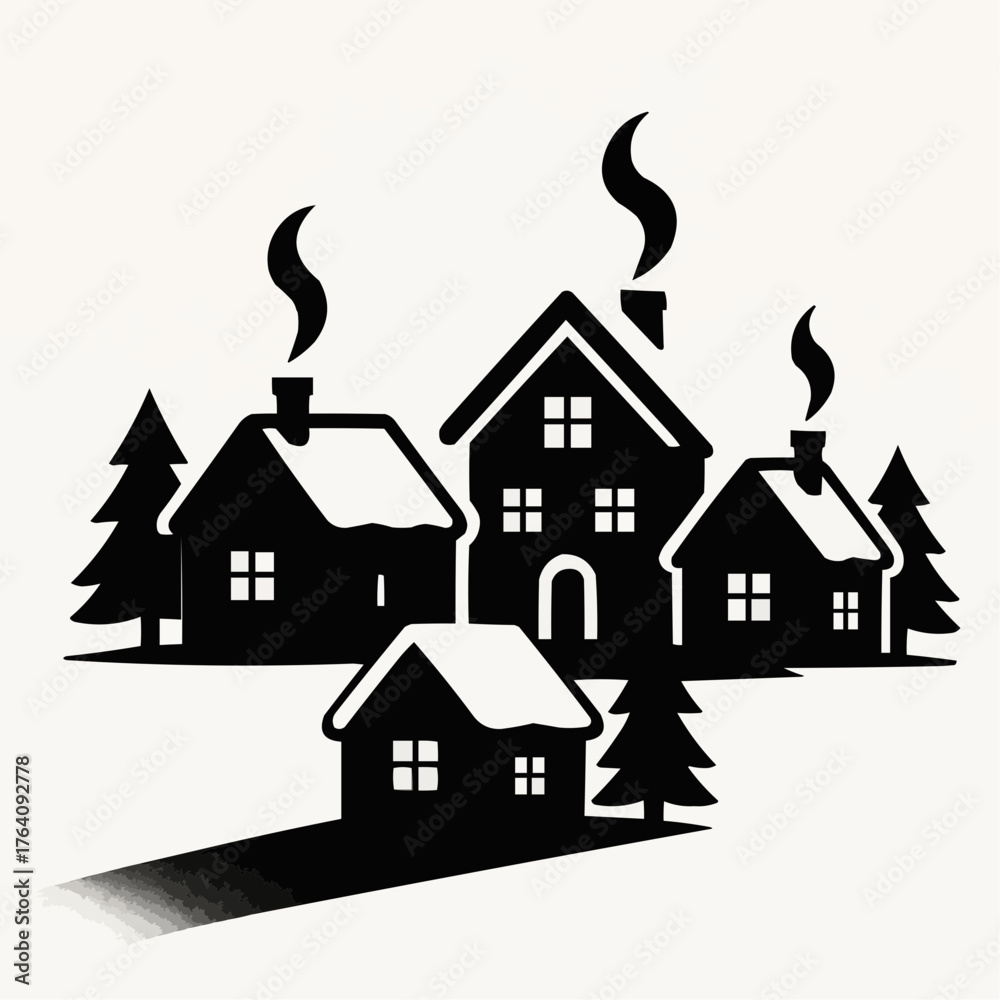 Fototapeta premium Silhouette of a winter village with snow-covered houses